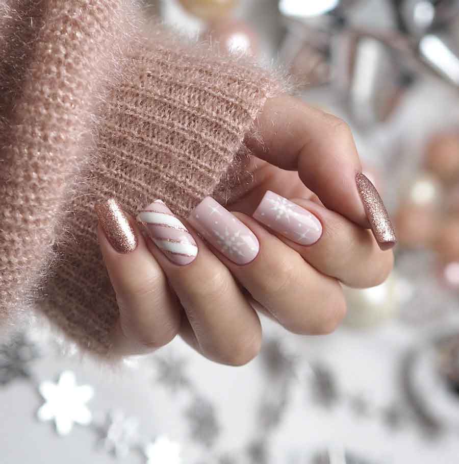 pink rose gold xmas nail design