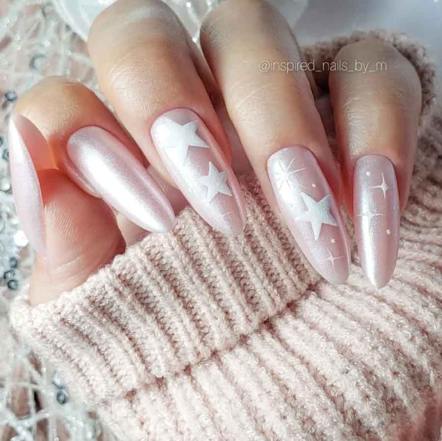 shimerry baby pink an white holiay nails