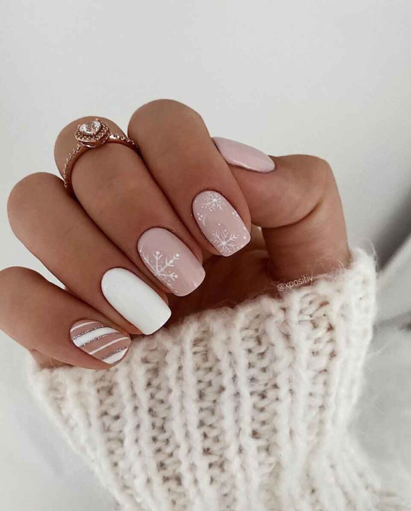 simple girly snow christmas nails