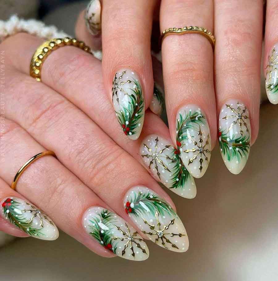 white and green christmas nails with snowflakes