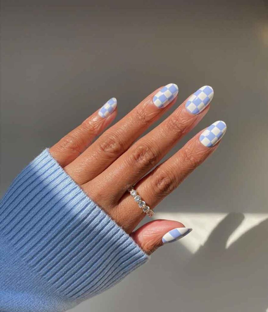 cute checed pastel nails aesthetic light blue black hands
