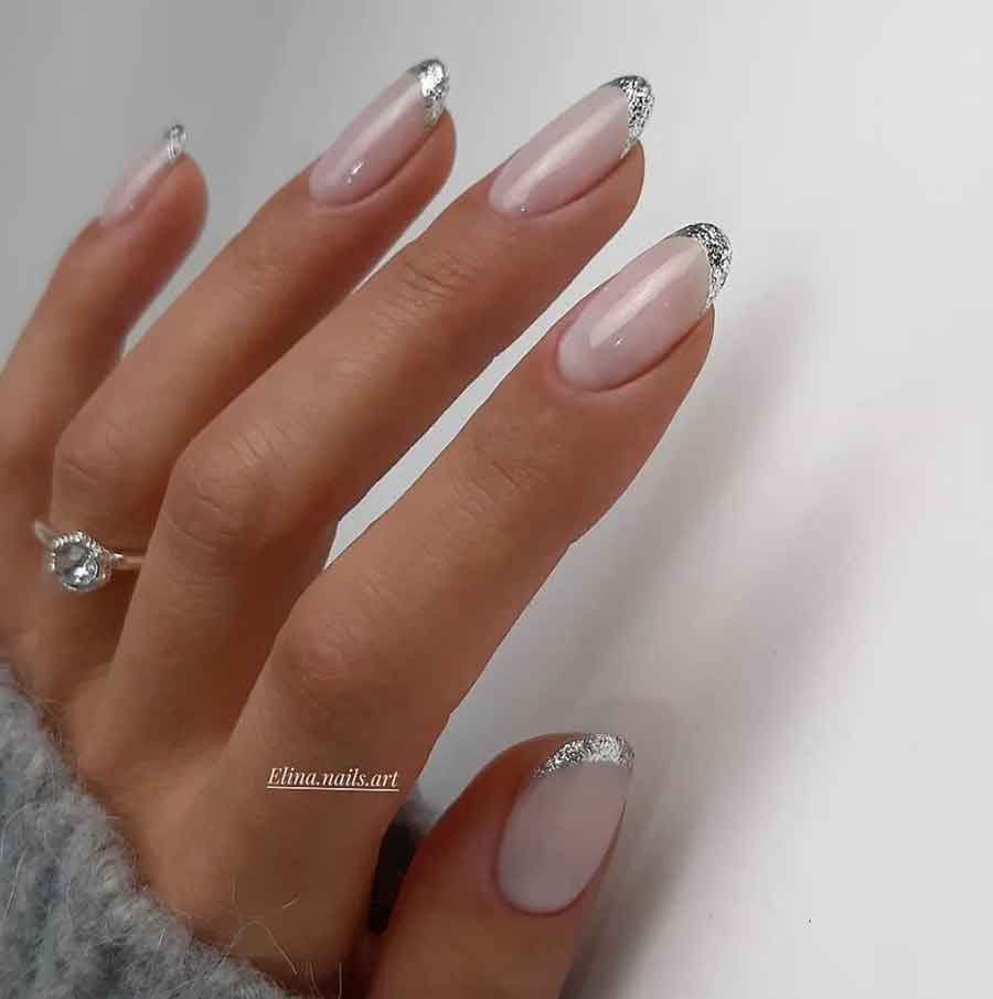minimal silver french tips winter new year nails