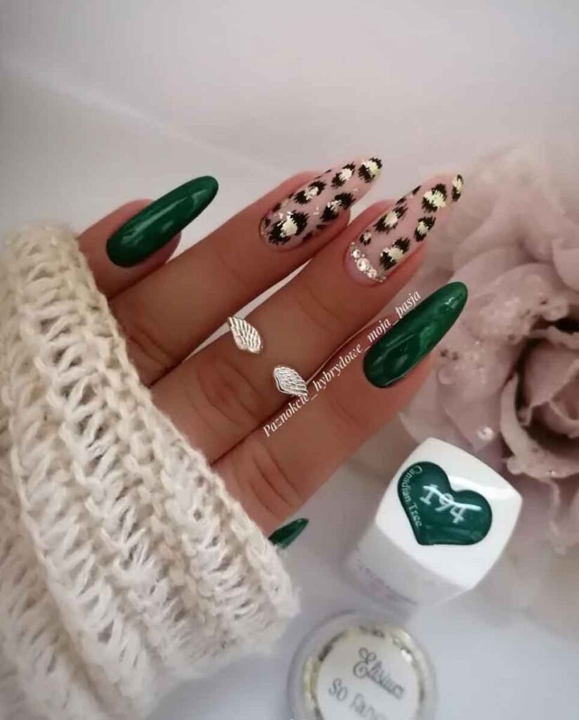 emerald green with animal print nails
