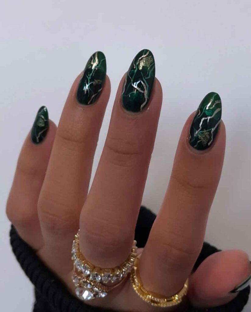 emerald green with gold aesthetic long almond nails