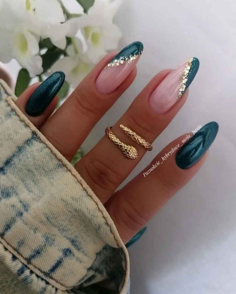 emerald green nails with golden foil almond
