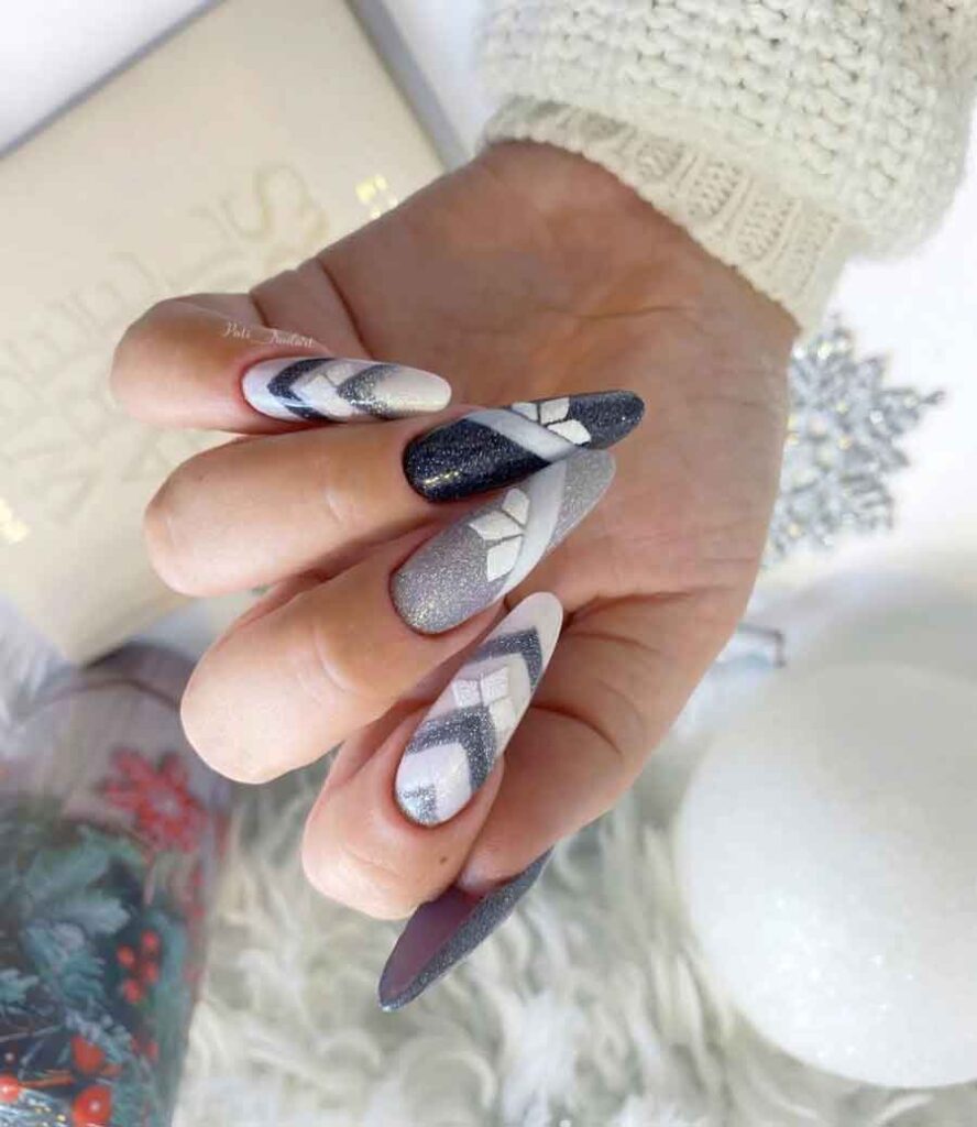 snow fractals winter nails long almond gray