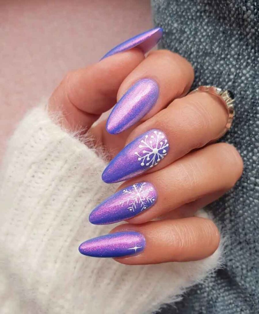 beautiful purple nail for christmas with snowflake decoration