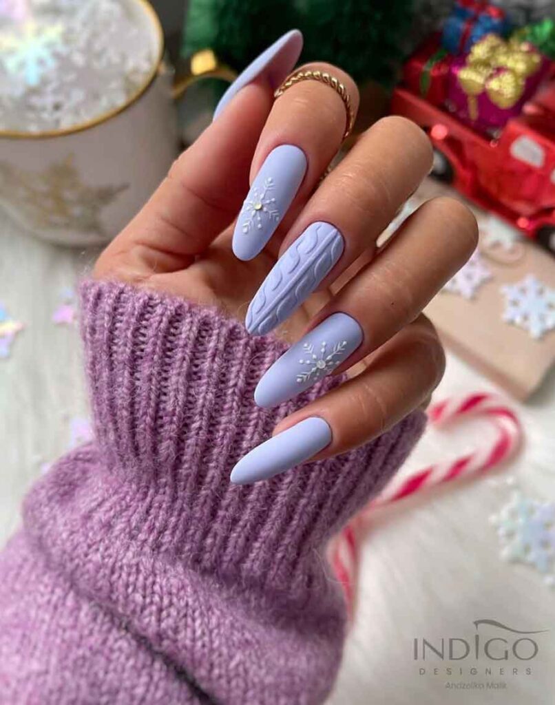 light blue sweater weather long matter winter snowflake nails