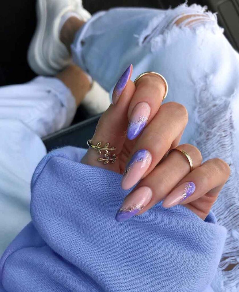 marble light purple and gold aesthetic nails almond luxury