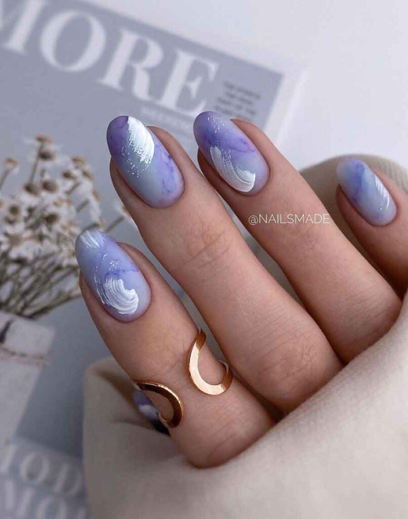 white and lilac matte almond nail design