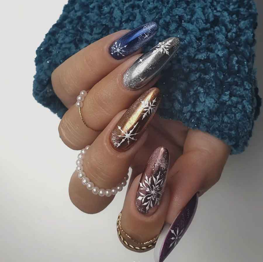 metallic winter nails snowflake long skitles