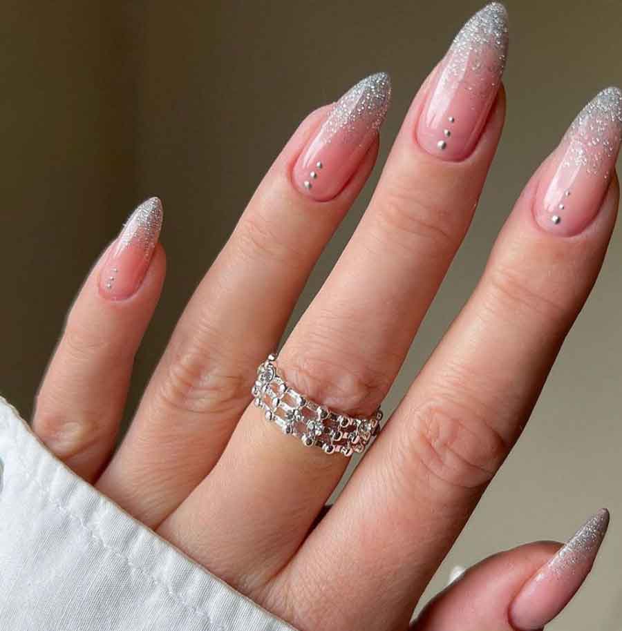 wintery silver glitter nude long nails