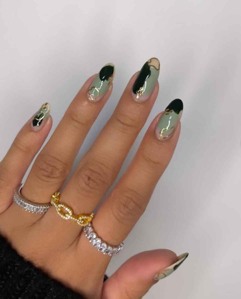 almond emerald green nails with gold aesthetic