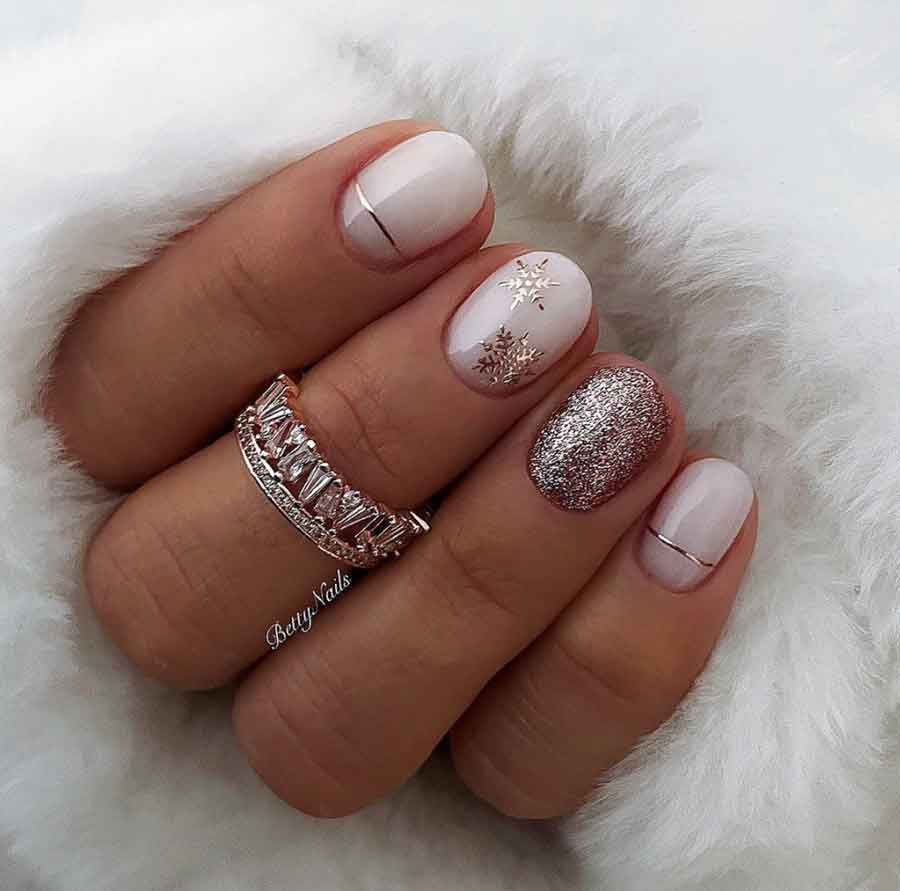 silver white short almond winter wonderland nails