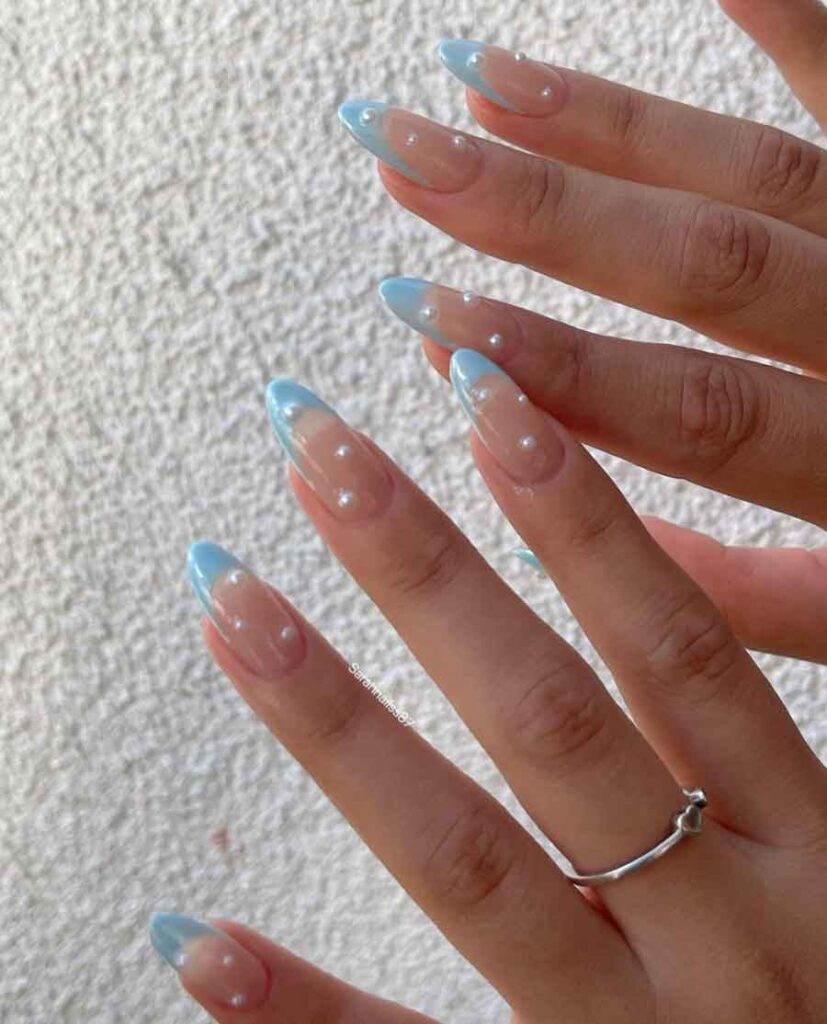pearly blue french tips nails
