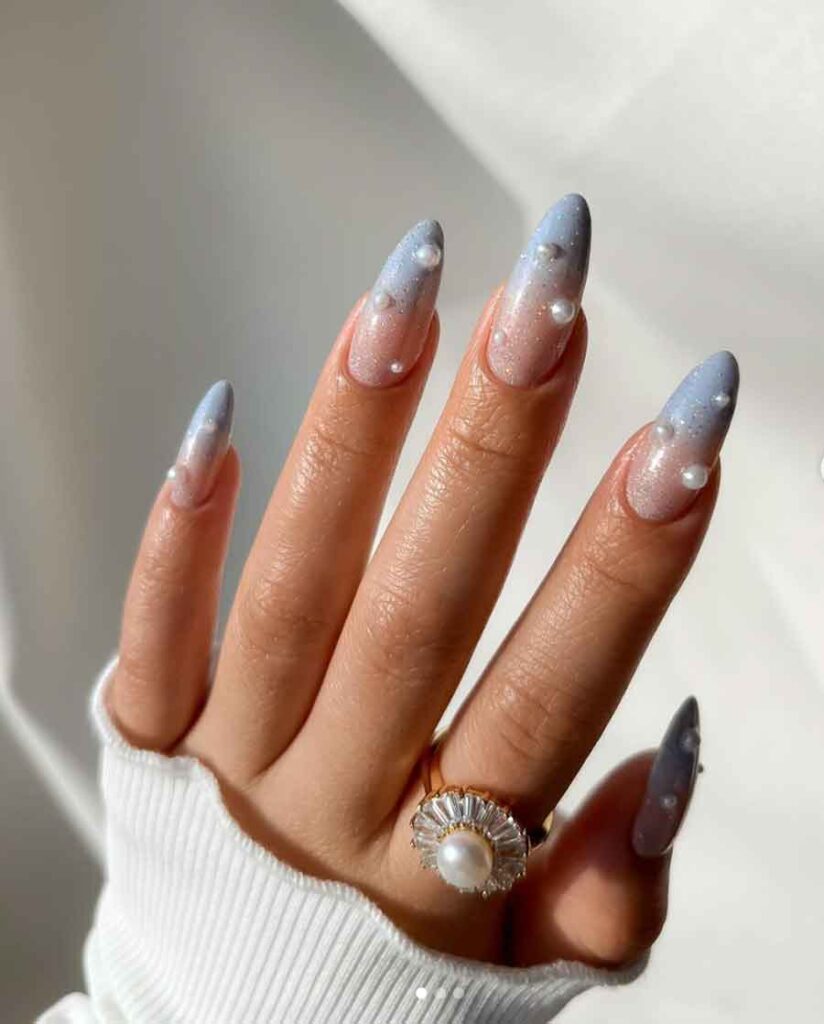 light blue pearls glitter ombre winter nails