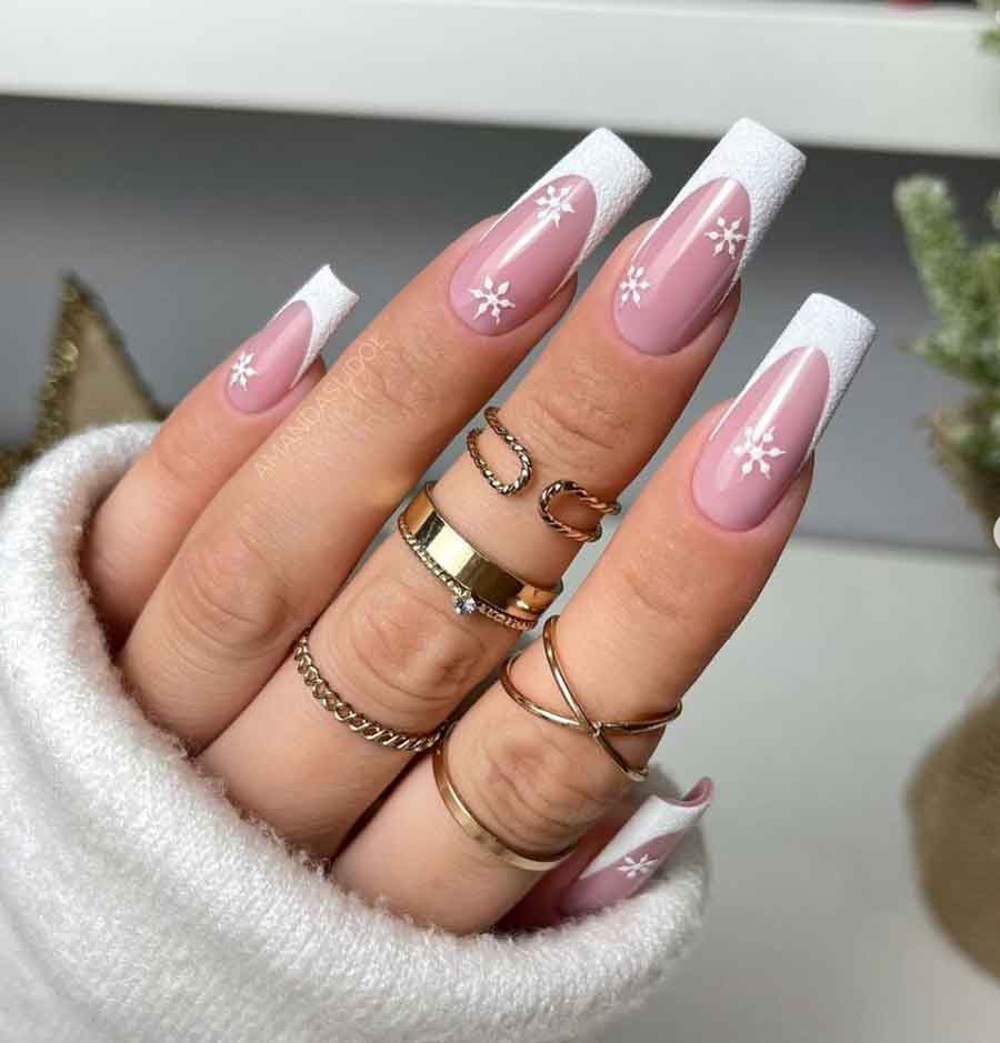 white snow french tips winter nails