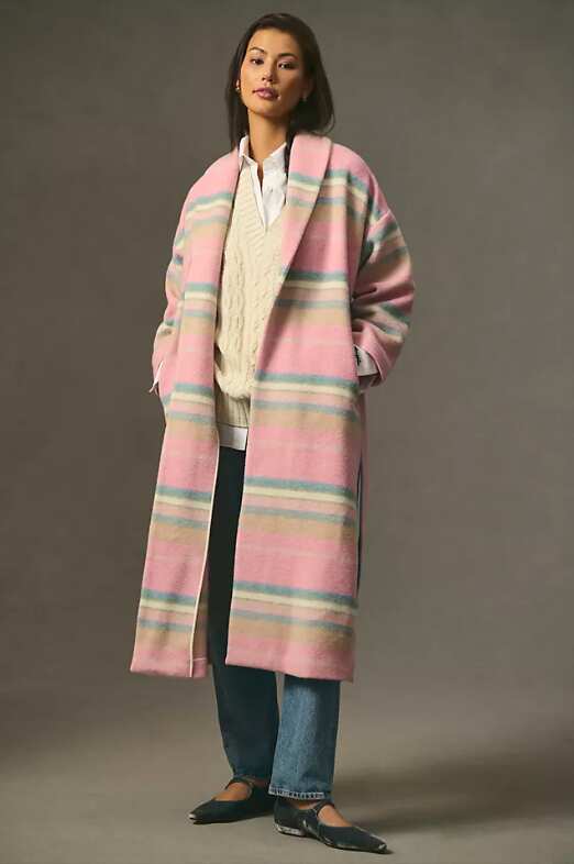 Pink And Pastel Striped Wrap Coat