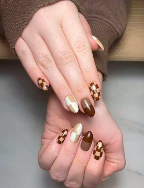 Checkered Browns & Beiges nail design