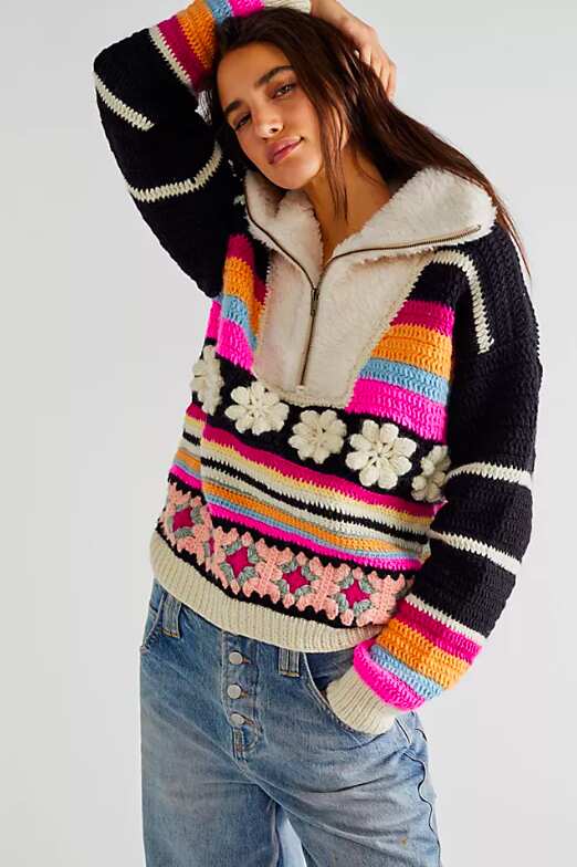 Faux Fur Cottagecore Flower Crochet Sweater