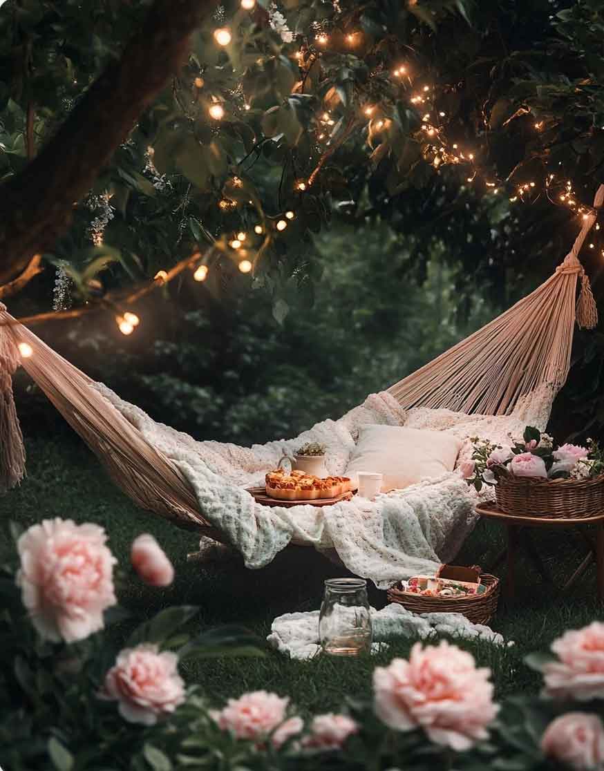 spring aesthetic flowers and hammock