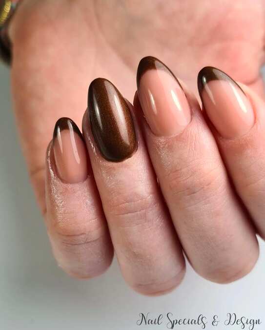metallic brown tips oval nails