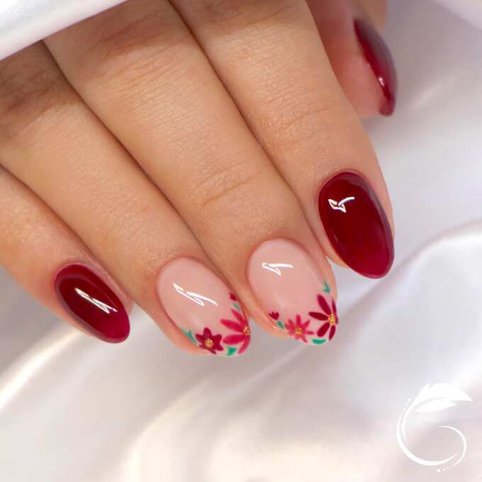 oval nails with red flower art