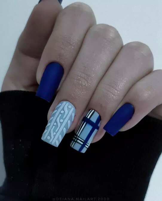 long square blue navy nails matte design