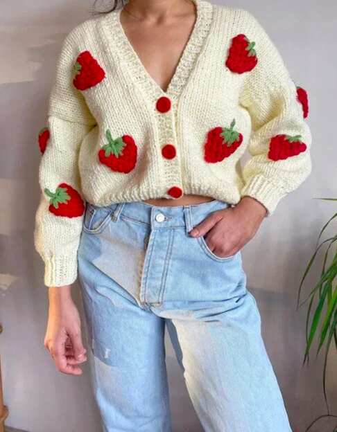 Handknitted Cardigan Sweater With Crochet Strawberries