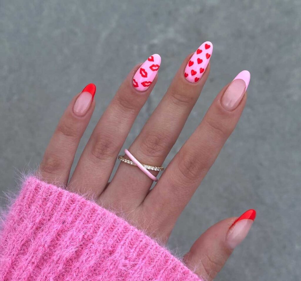 lovely pink and red kiss and heart nail design for valentines day