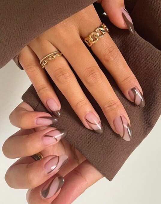 light brown Curved lines art long round nails