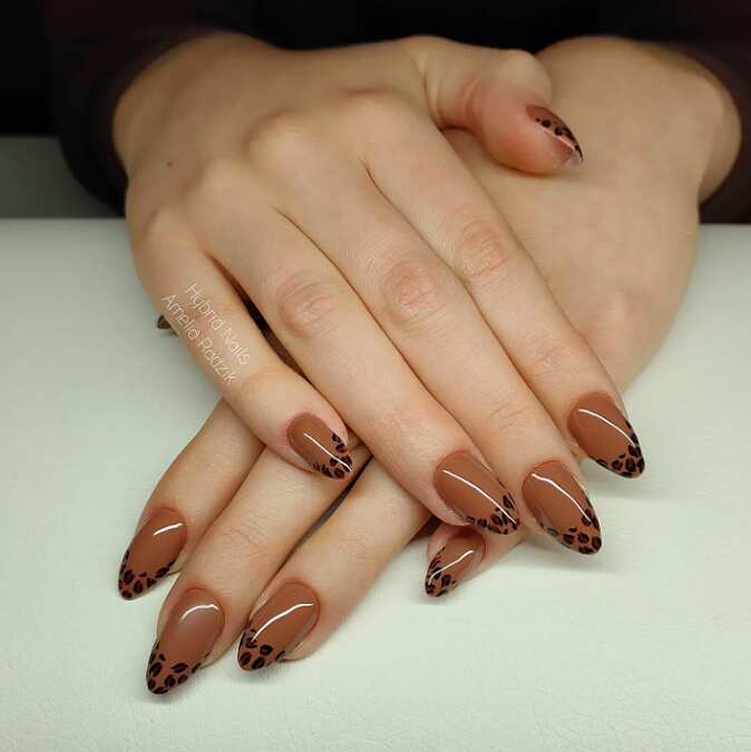 animal print tips brown long oval nails