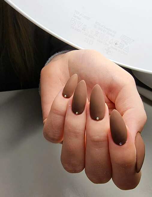 chic brown matte long coffin nails with tiny rhinestones