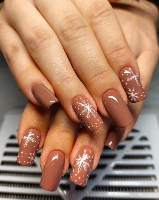 snowflakes light brown long square nails