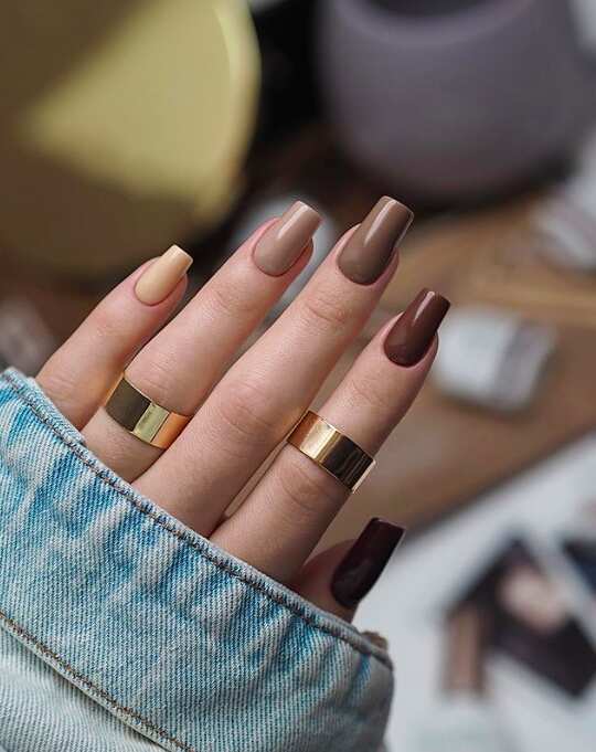 From beige to dark brown ombre long square nails