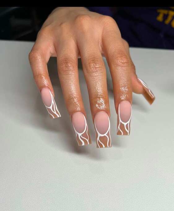 long square White veins brown nails
