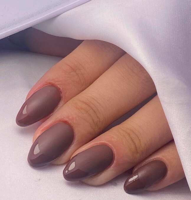 brown Monochromatic French tip almond long nails