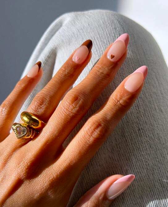 brown and light pink french tips for valentines day nail design