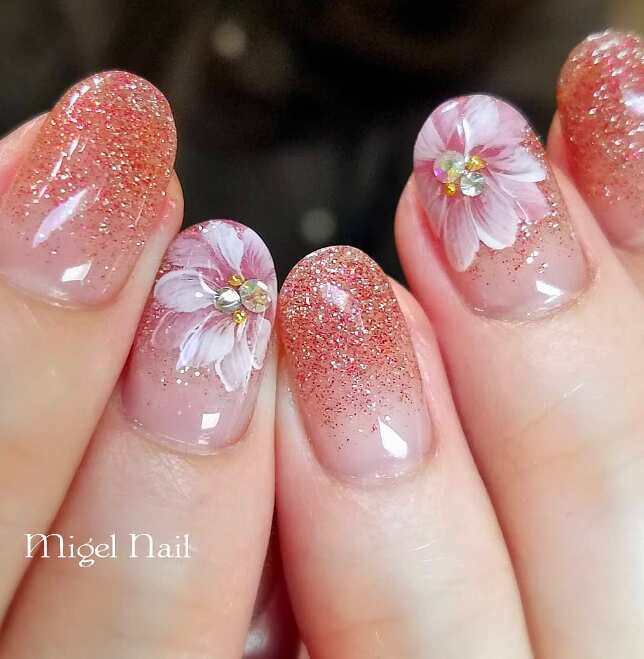 pink glitter crystal flower nail art