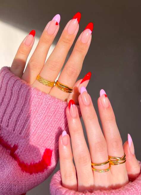 valentines day nails french tips pink and red with minimalist heart design