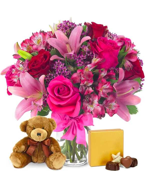 Roses & Lily Bouquet, Teddy Bear, and Chocolate Box - Thoughtful VDay Gift