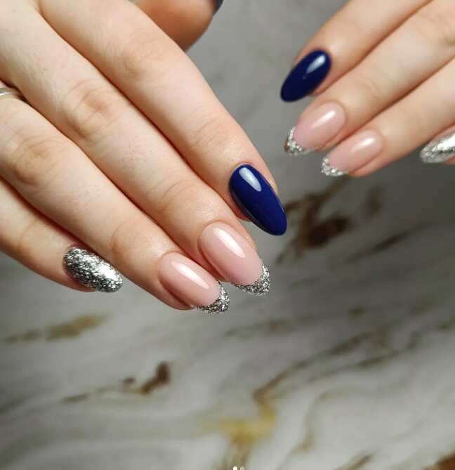 silver and navy blue almond nails design
