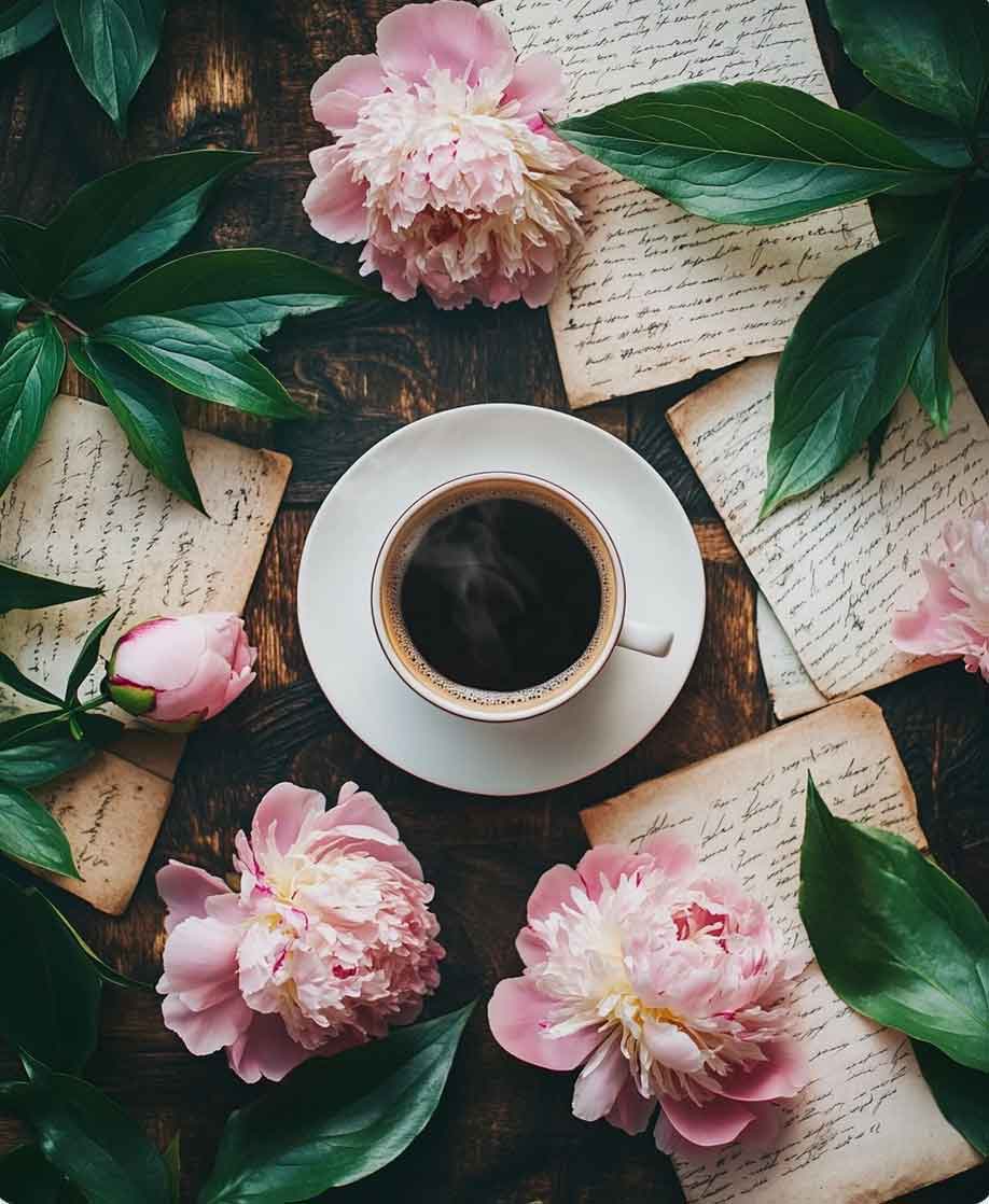 peonies and coffee spring aesthetic