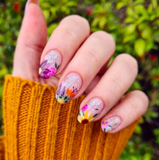 sunflower nail design long oval nails colorful