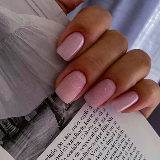 short square pink glitter nails