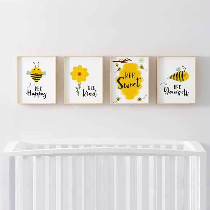 Honey Bee Theme, Bee Kind, Bee Yourself 4-Piece Set Paper Print Nursery Decor