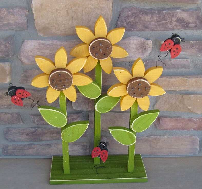 Triple Sunflower on Stand With Lady Bugs