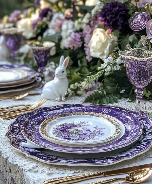 vintage purple toile luxury easter tablescape aesthetic decor