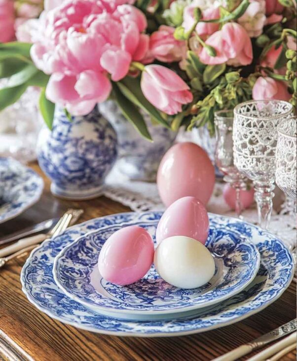 vintage french country cottage blue and pink easter decor tablescape idea