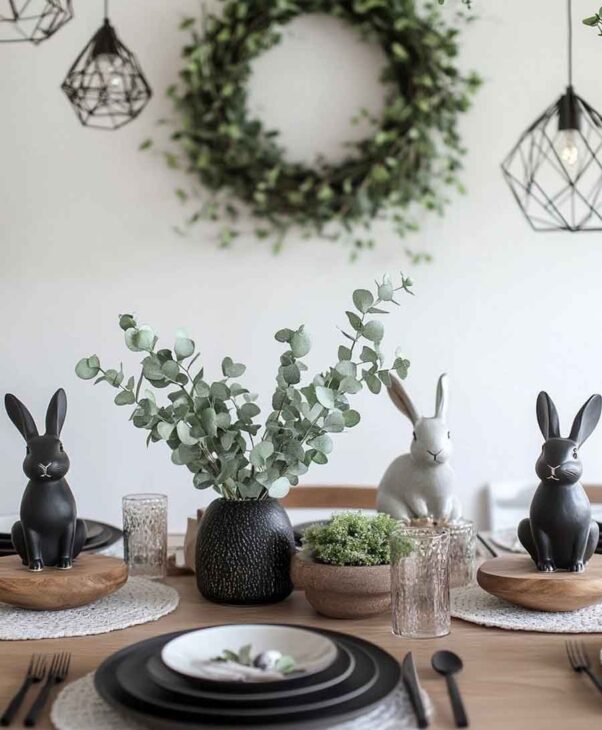 black and white easter tablescple with a simple minimal aesthetic  and wood